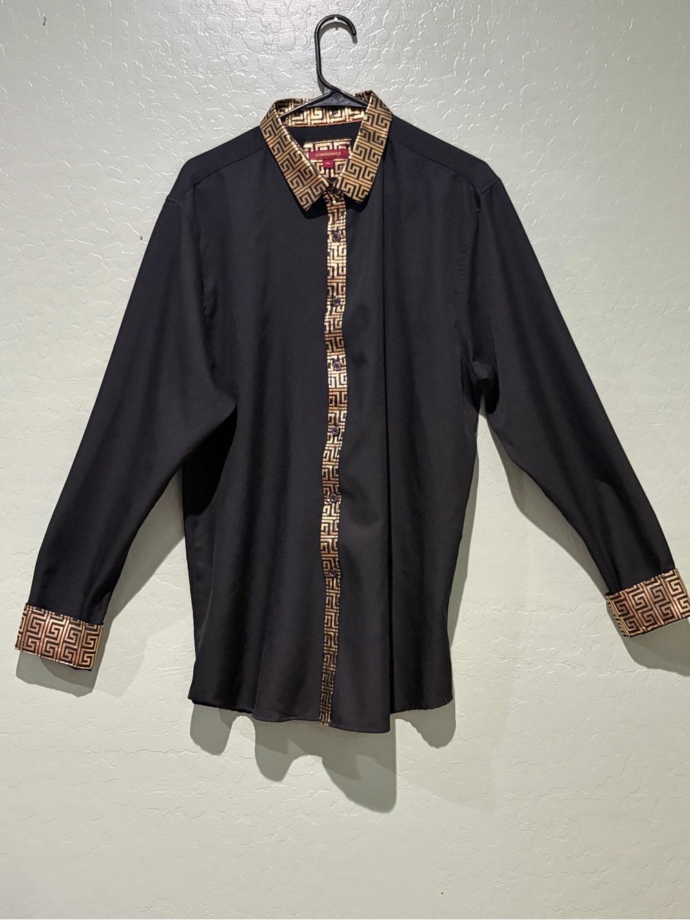 Consequence Men's Black Dress Shirt with Gold Pattern Trim Size XL